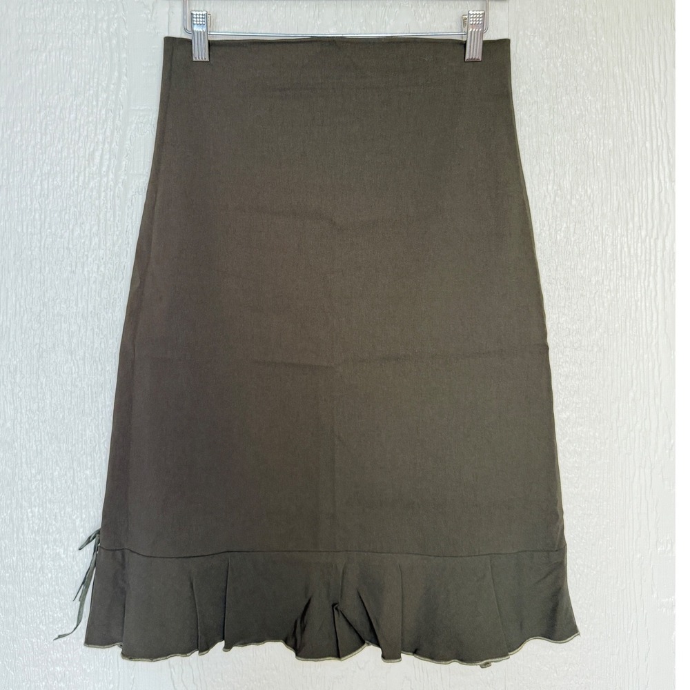 Sharon Womens Olive Brown Ruffle Hem Midi Skirt Large (Fits like sm) Made in USA